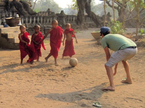 monks play soccer in Halin Myanmar